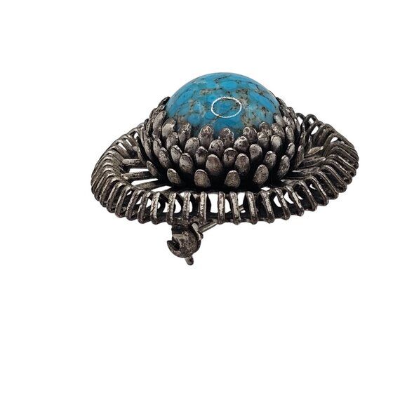 VTG Brooch Silver Tone Turquoise Stone Native Art Point Boho Chic Statement Pin - Picture 6 of 11